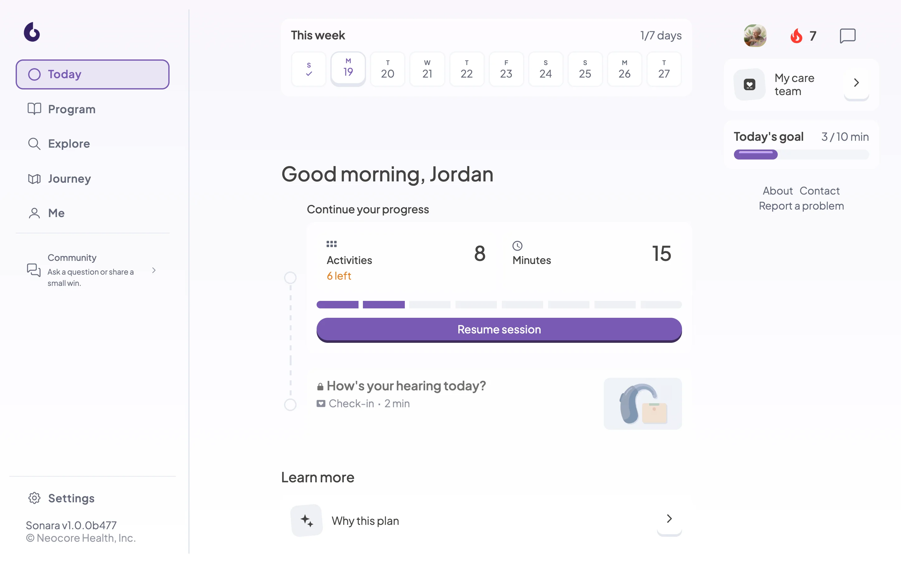 Sonara on the web: today's plan with activities, minutes, and a button to resume the session