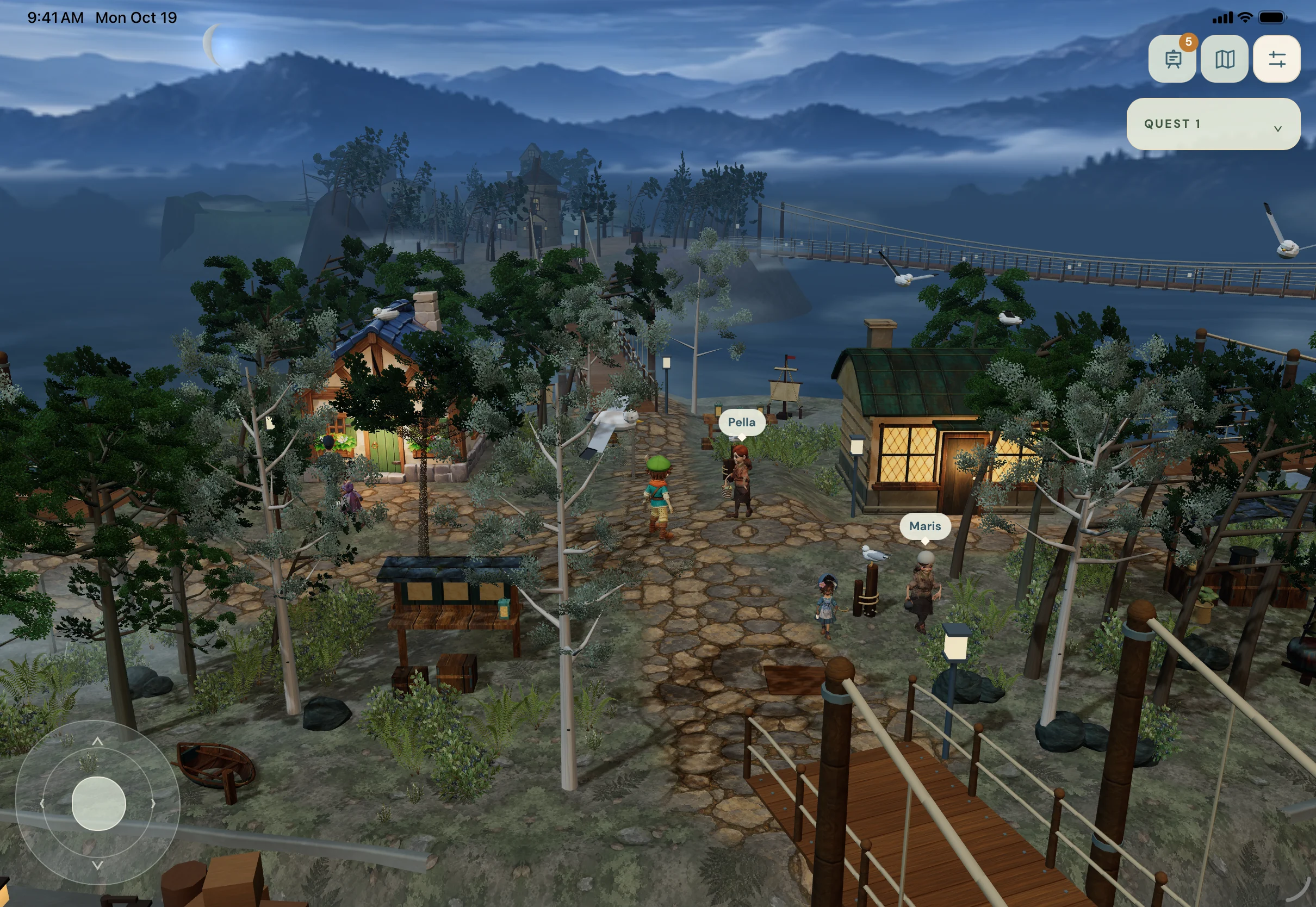 Moonveil Reach on iPad, moonlit islands linked by lantern bridges