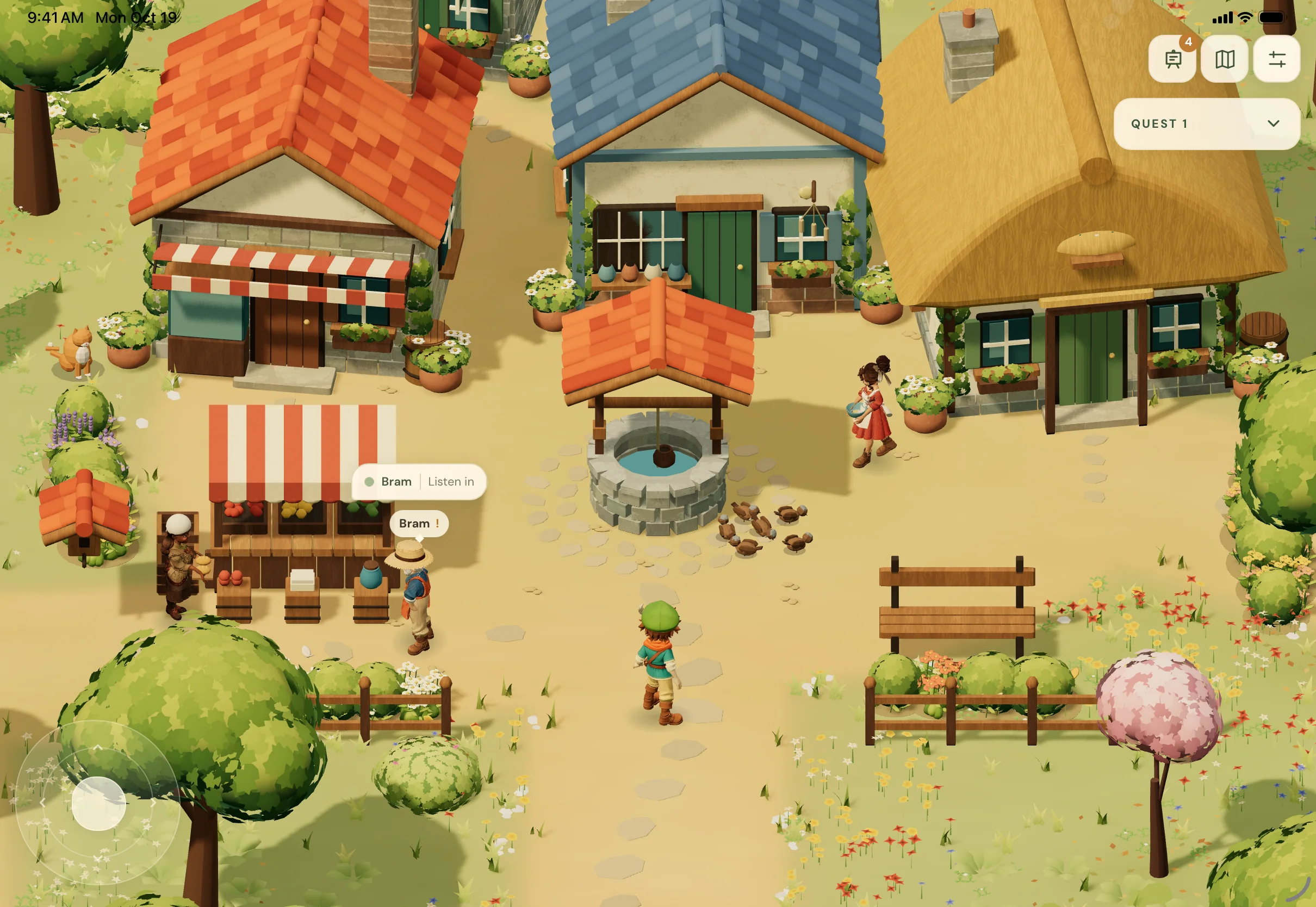 Willowbrook on iPad, a sunny village with a river, cottages, and residents