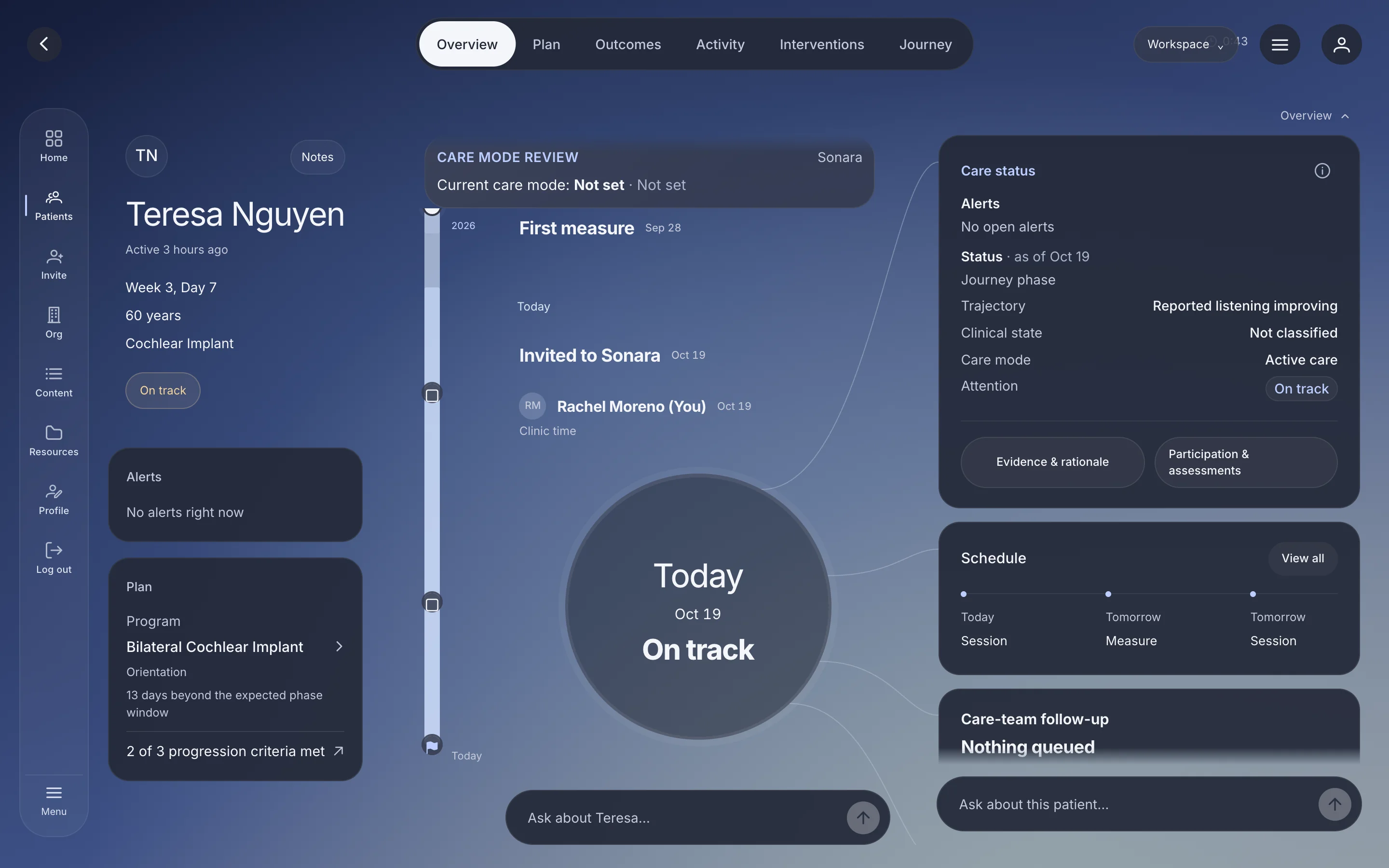 Neocore Link workspace showing a patient's activity, sessions, and progress over time