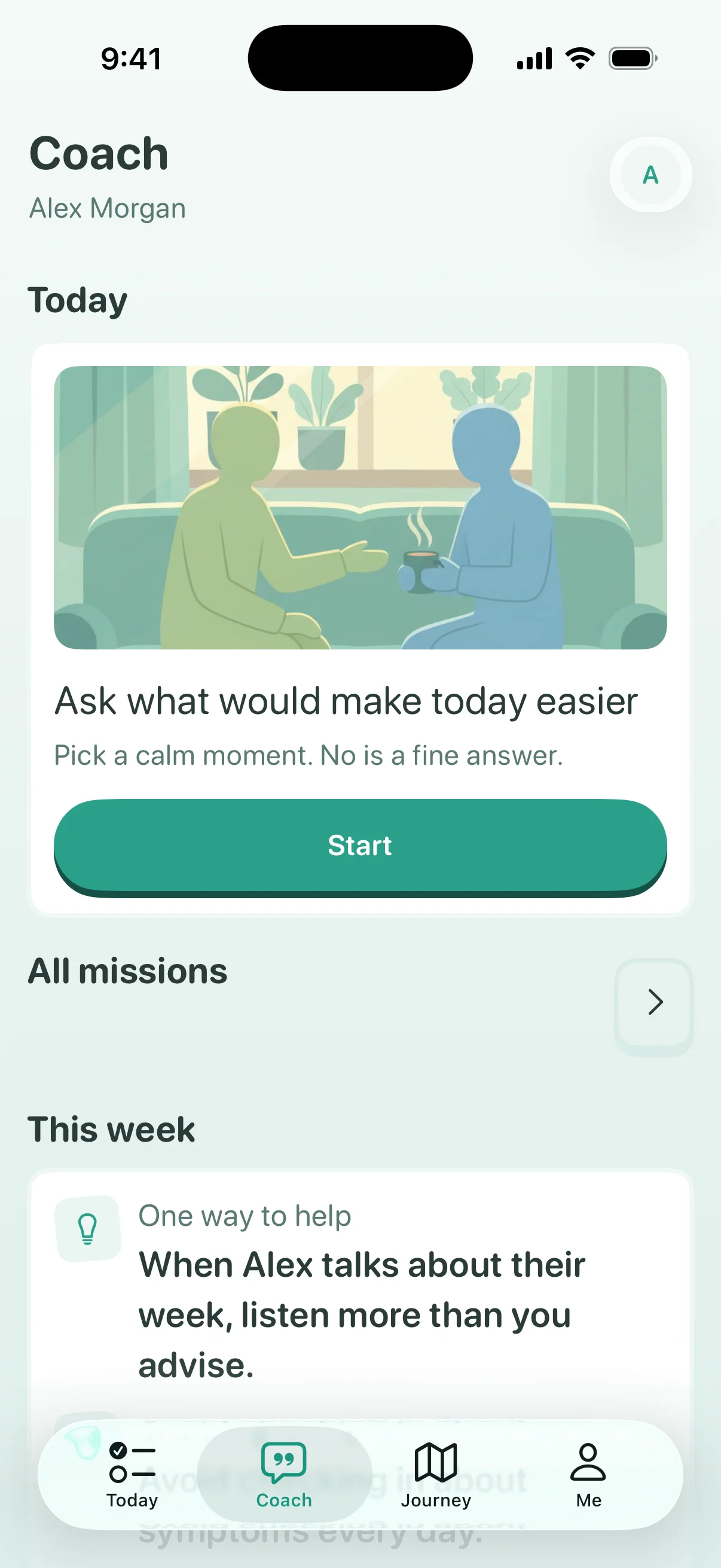Companion Coach tab with today’s mission, Ask what would make today easier, and a weekly tip on how to help