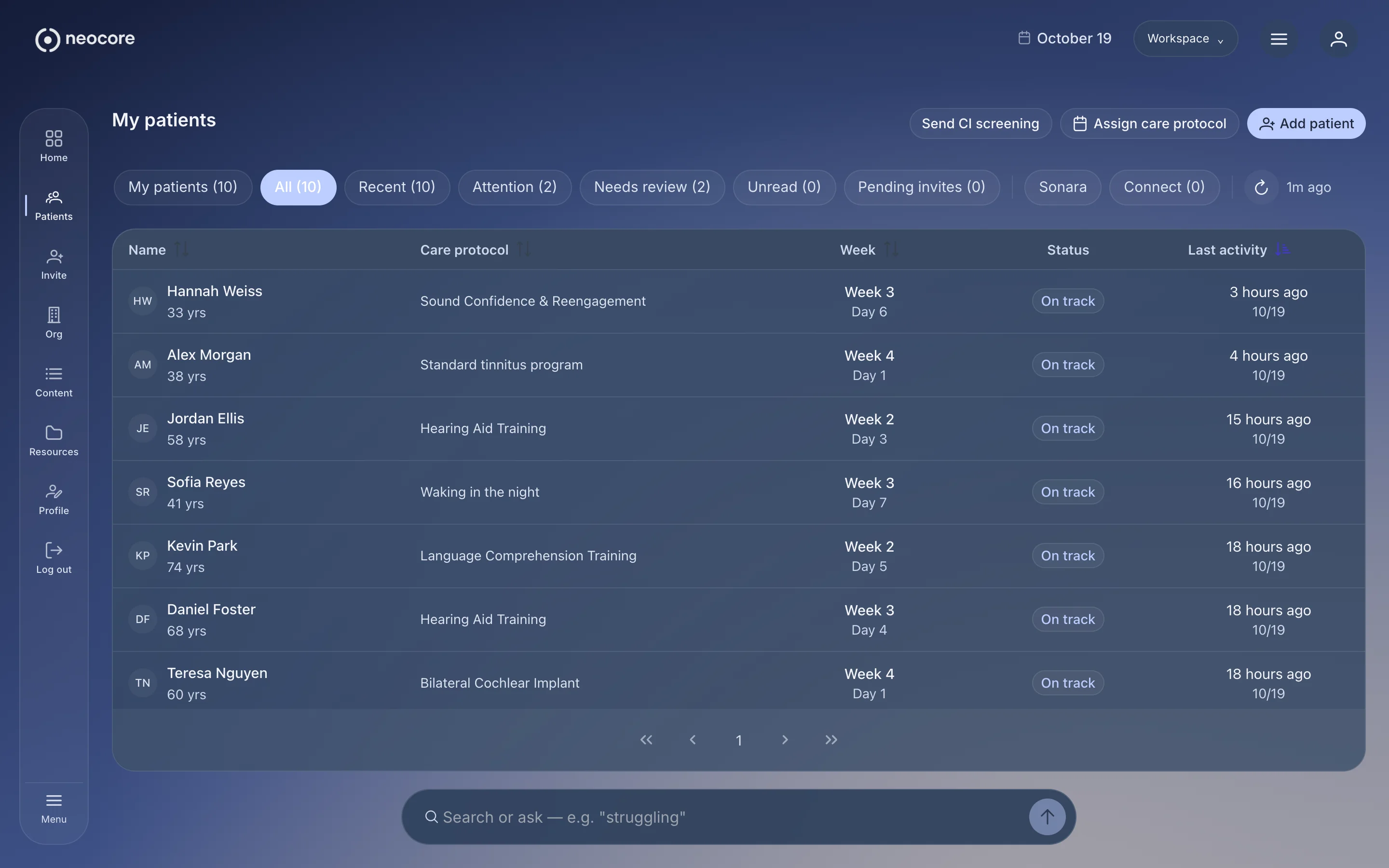 Actual Neocore Link My patients workspace listing Sonara, Resona and Lumena patients together, with care protocol, week, status and last activity