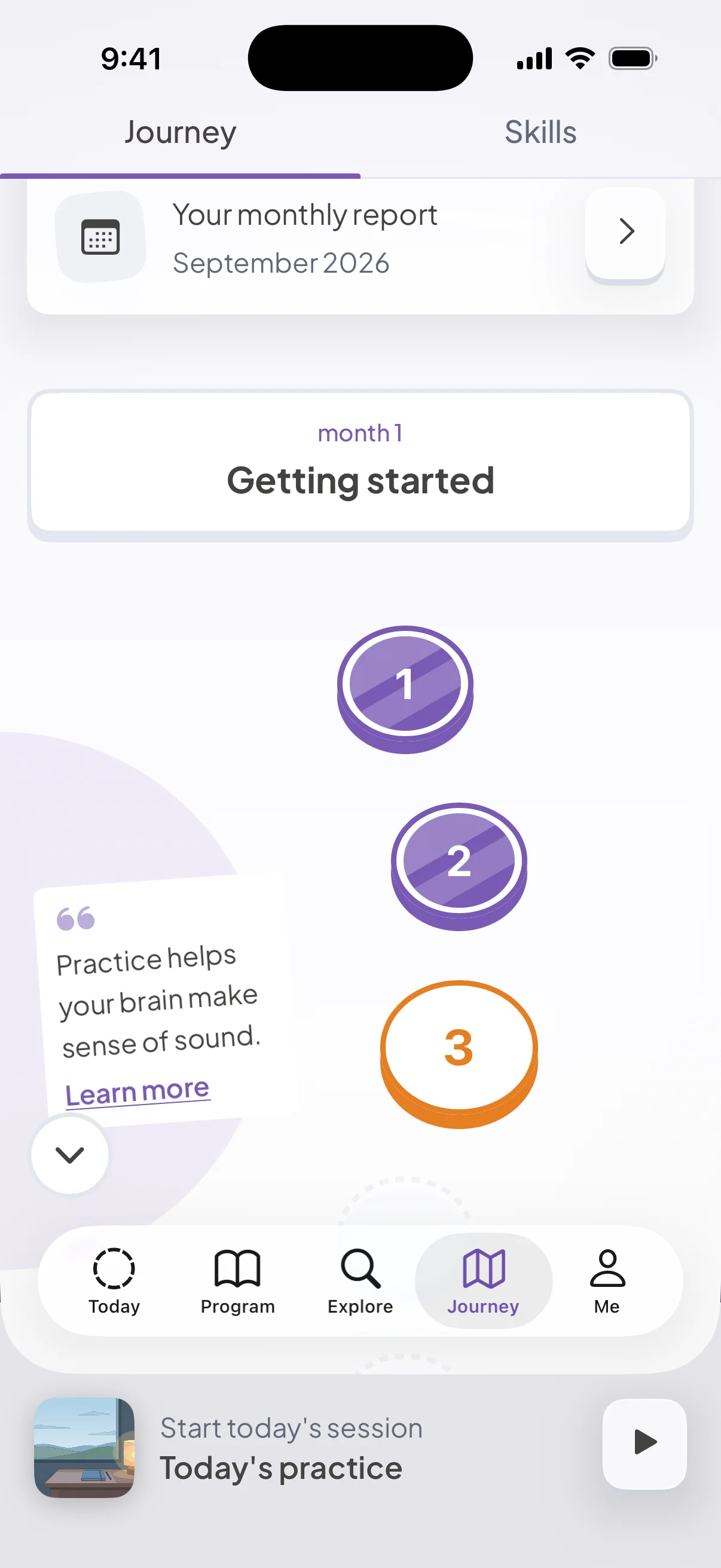 Sonara Journey tab showing month 1, getting started