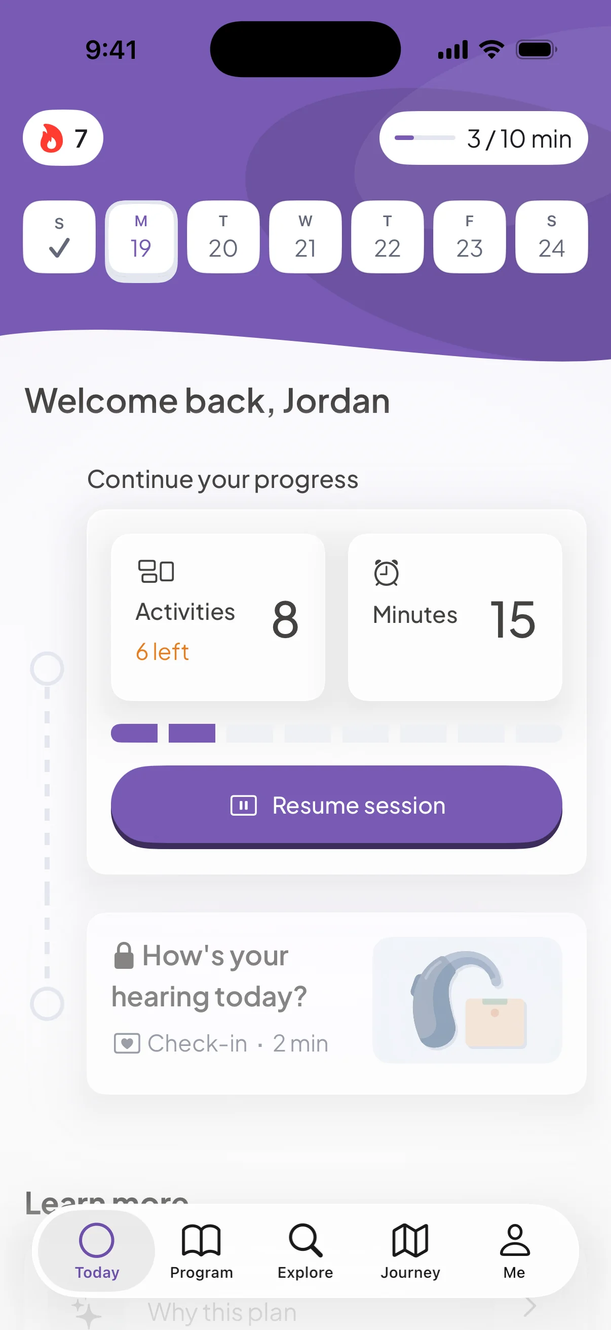 Sonara Today screen with progress and a button to resume the session