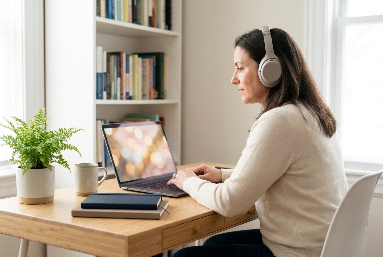 Clinician reviewing course material in soft daylight at home or office