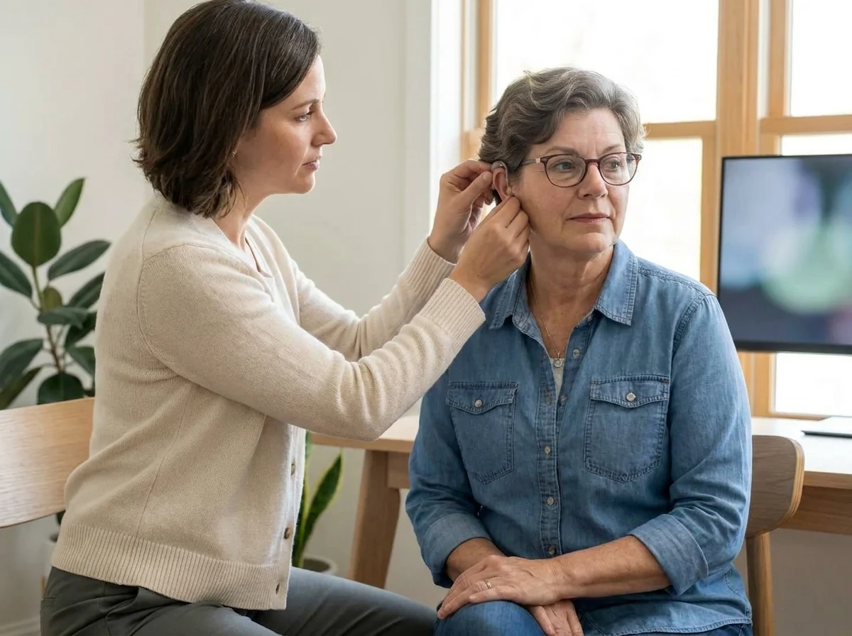 Audiologist fitting a hearing aid