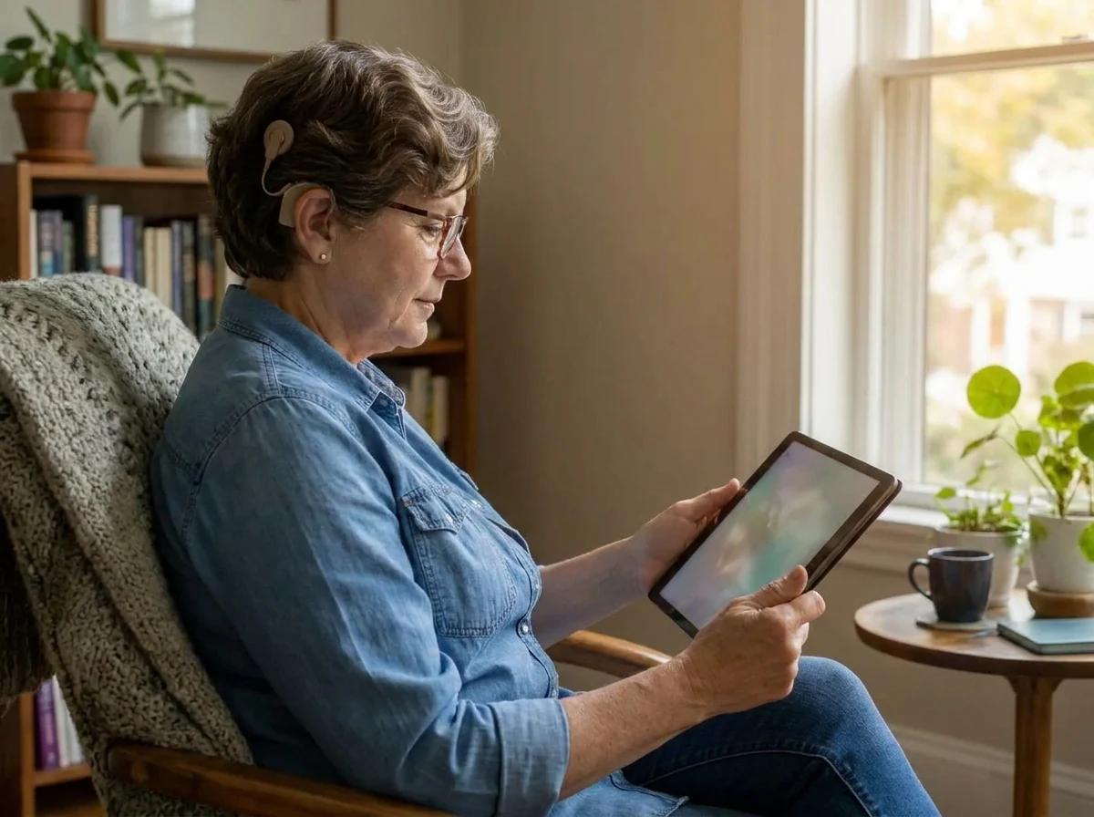 Patient doing auditory training on a tablet at home