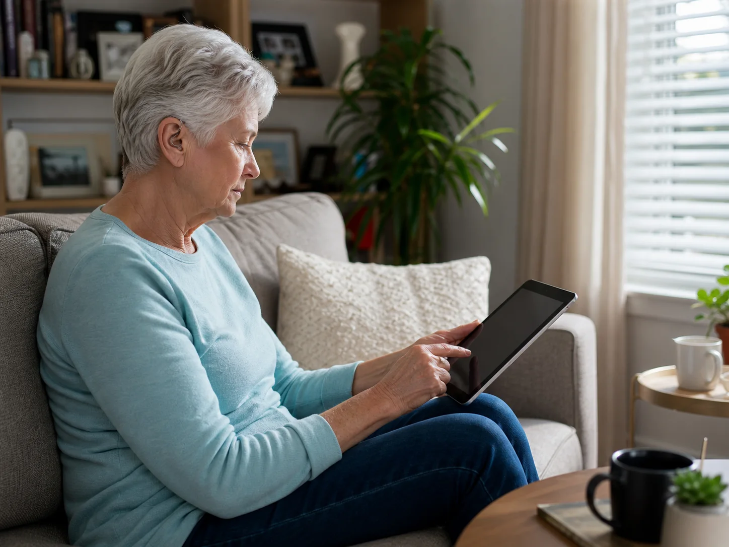 Patient using a tablet on the sofa at home