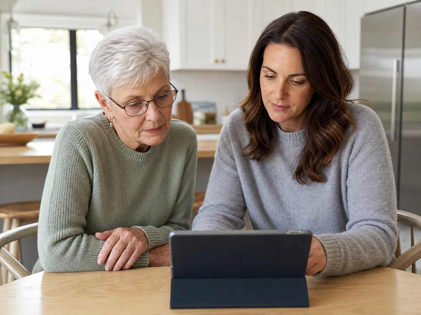 Patient and her daughter checking in together on a tablet