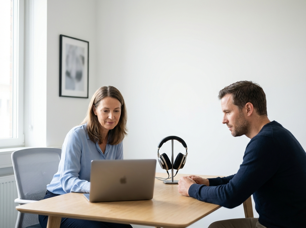 A clinician and patient reviewing care together at a bright table