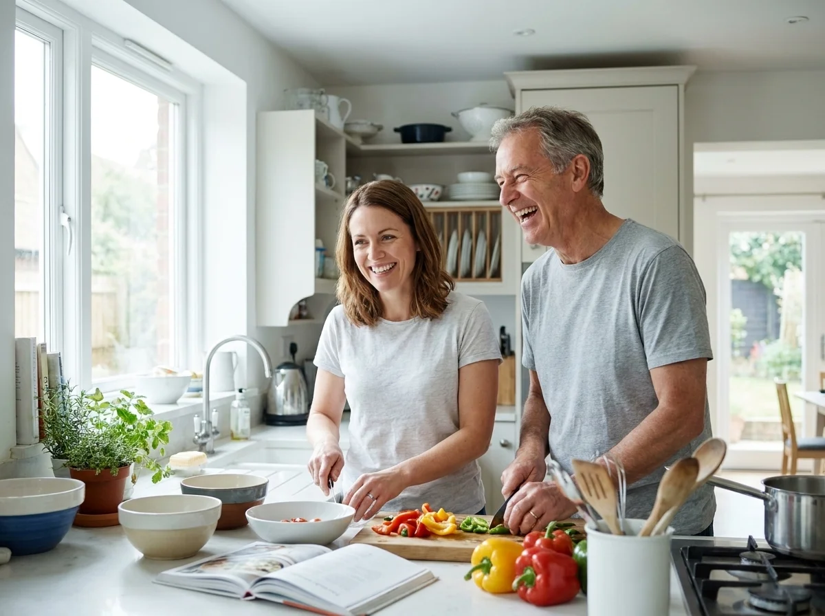 A father and his adult daughter laughing while they cook dinner together in a bright kitchen