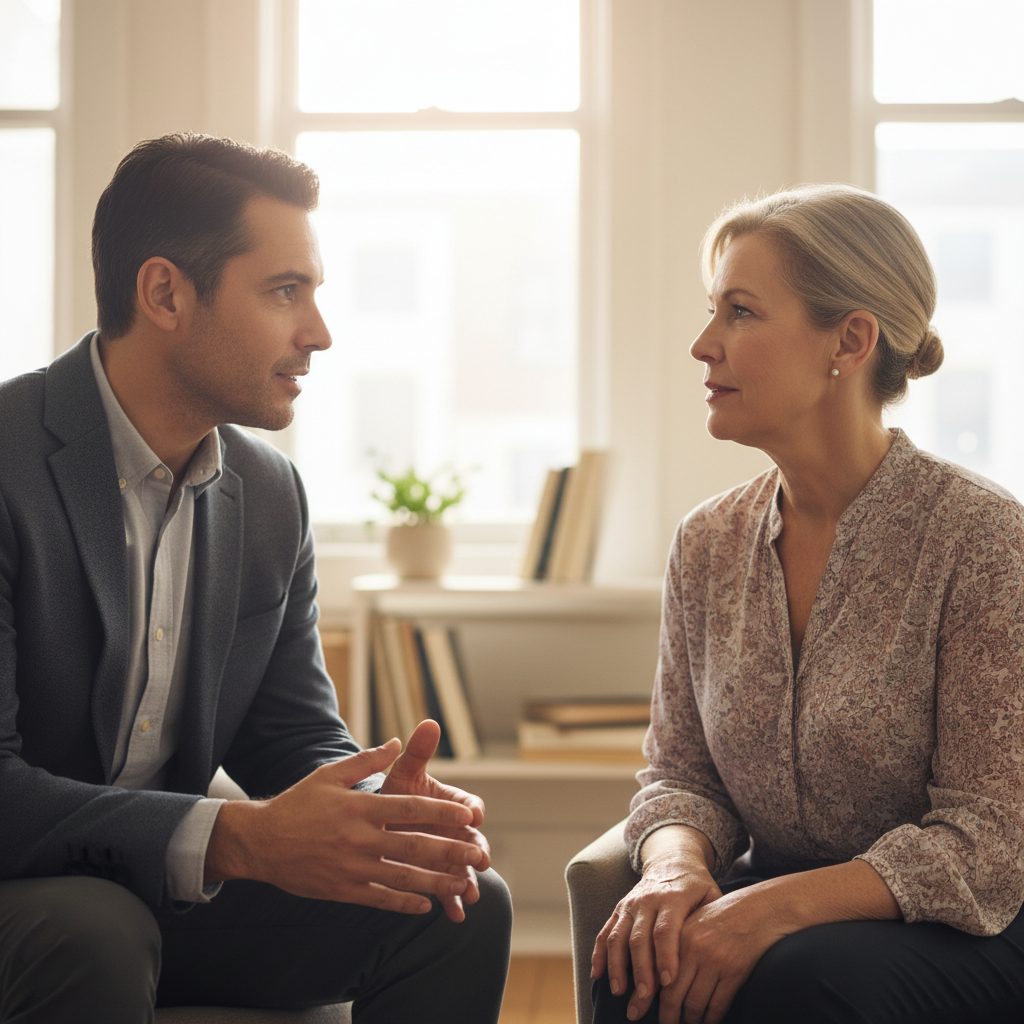 Clinician and patient in honest conversation, expectation setting.