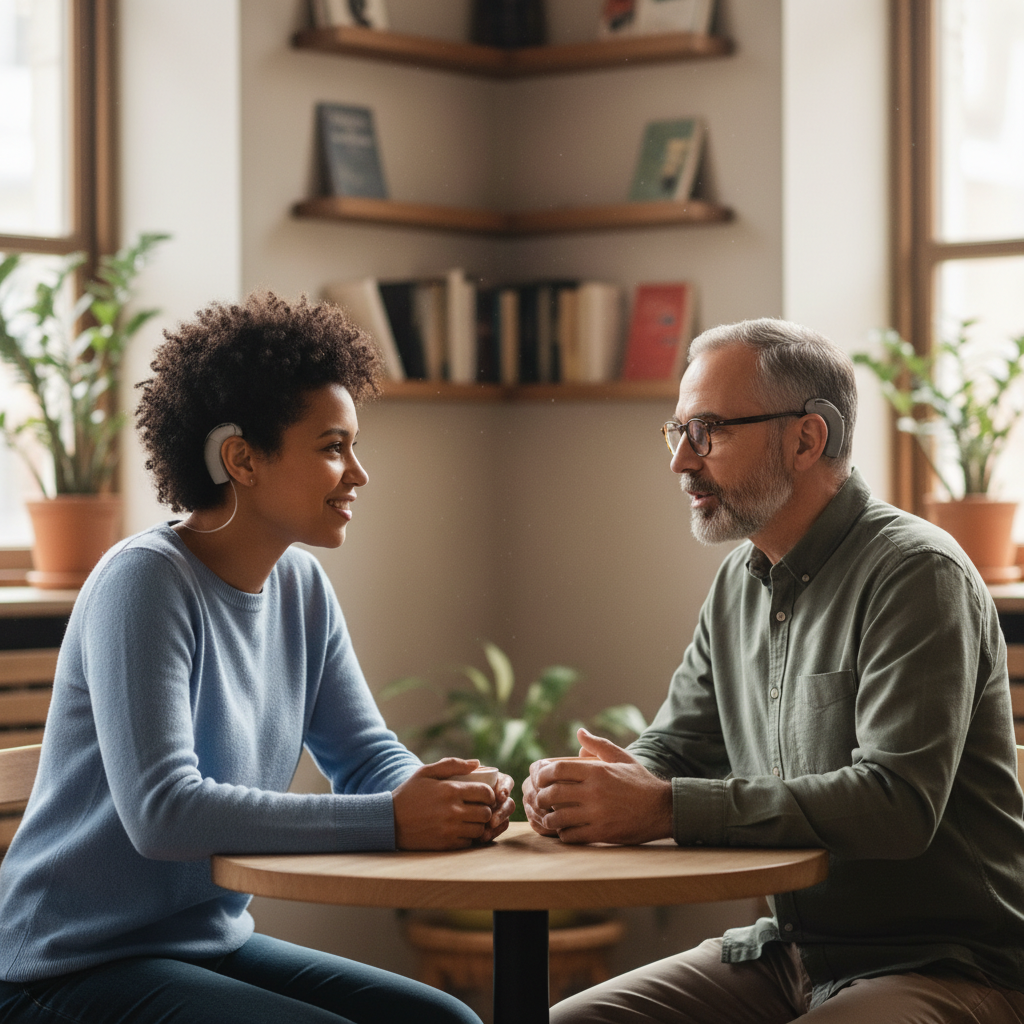 Adult with hearing aids in conversation, everyday social listening.